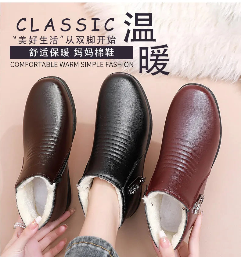 2024 New Women's Real Leather Ankle Boots Thick Bottom Plush Shoes Women Winter Warm Shoes Fashion Cool Footwear Size 35-41