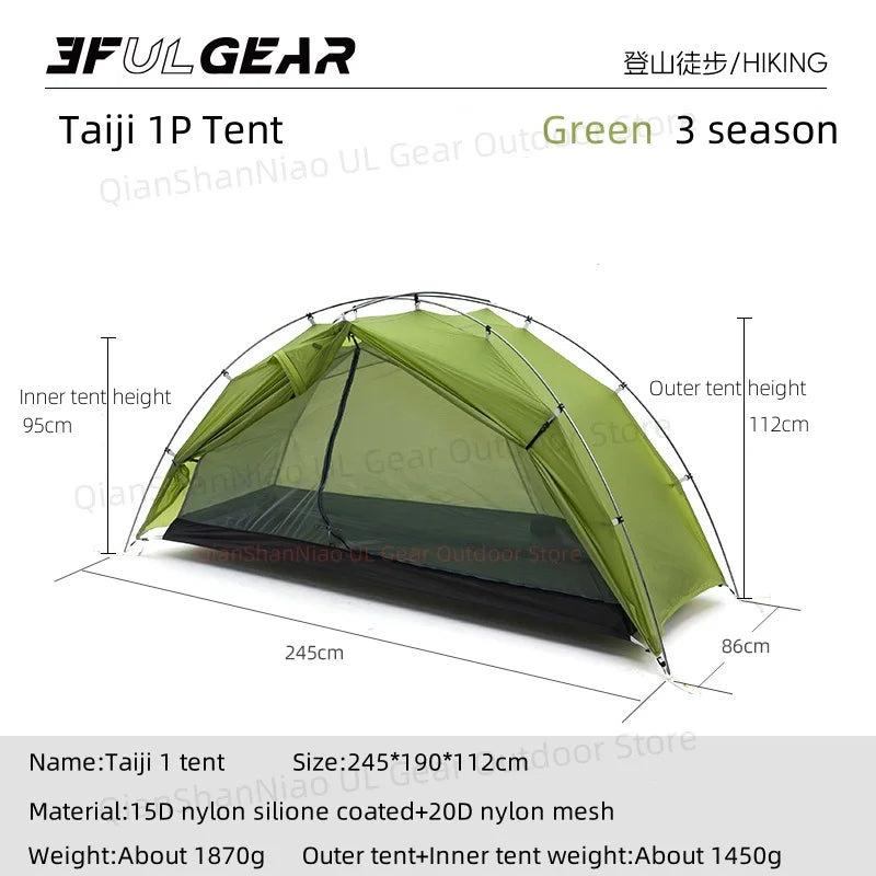 3F UL Gear Taiji 1 Tent Ultralight Single Person Outdoor Camping Tourism Tent Mountaineering Windproof Hiking Tent 1 Person