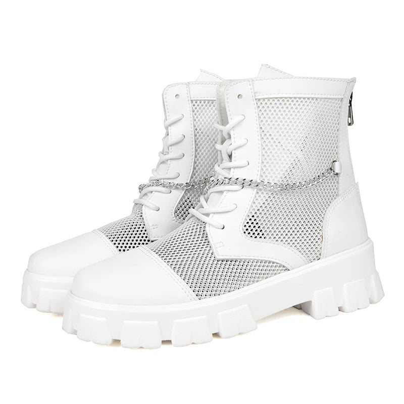 2024 New Summer Men's Boots Thick Bottom Mesh Surface Breathable Hollow Out Chain Short Boot Male Autumn Fashion Casual Shoes