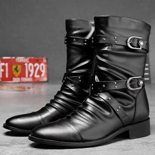mens casual steampunk motorcycle mid-calf long boots buckle cow leather shoes youth high boot outdoors botas militares sapatos