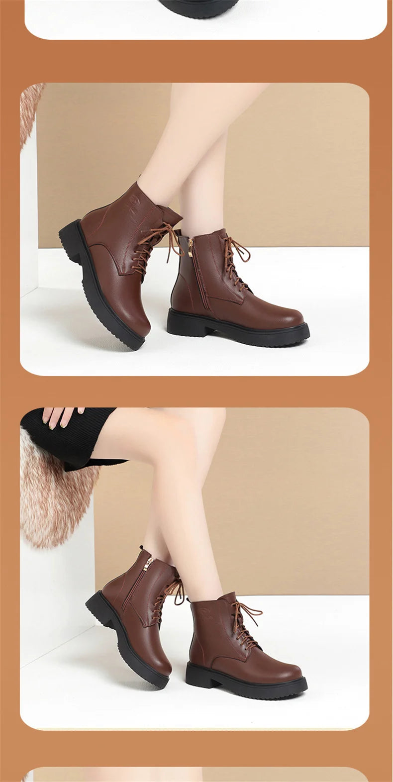 Women Winter Warm Velvet Ankle Boots Lace up Soft Leather Thick Bottom New Fashion Anti-slip Motorcycle Short Boots