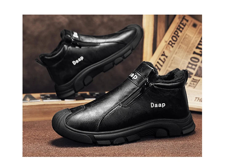 2025 High Top Men's Winter Shoes Comfortable Black Fluff Boots Men Warm Plush Leather Casual Sneakers Men Work Motorcycle Boots