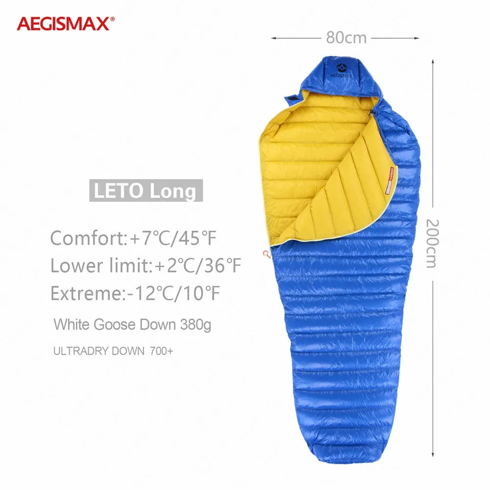 AEGISMAX LETO Outdoors White Goose Down Sleeping Bag Waterproof Camping Travel 36℉~45℉ Small Packing Down Sleeping Bag FP700+