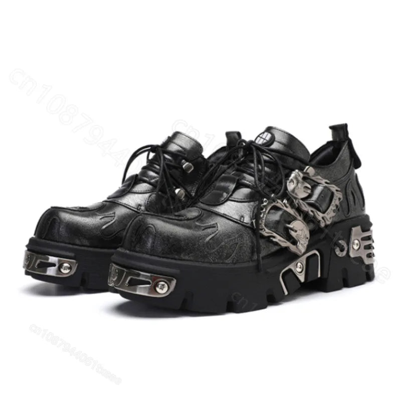 Soled Motorcycle Boots for Women, European and American Short Boots, Retro Lace Up Short Boots Dark gray flame flower shoes