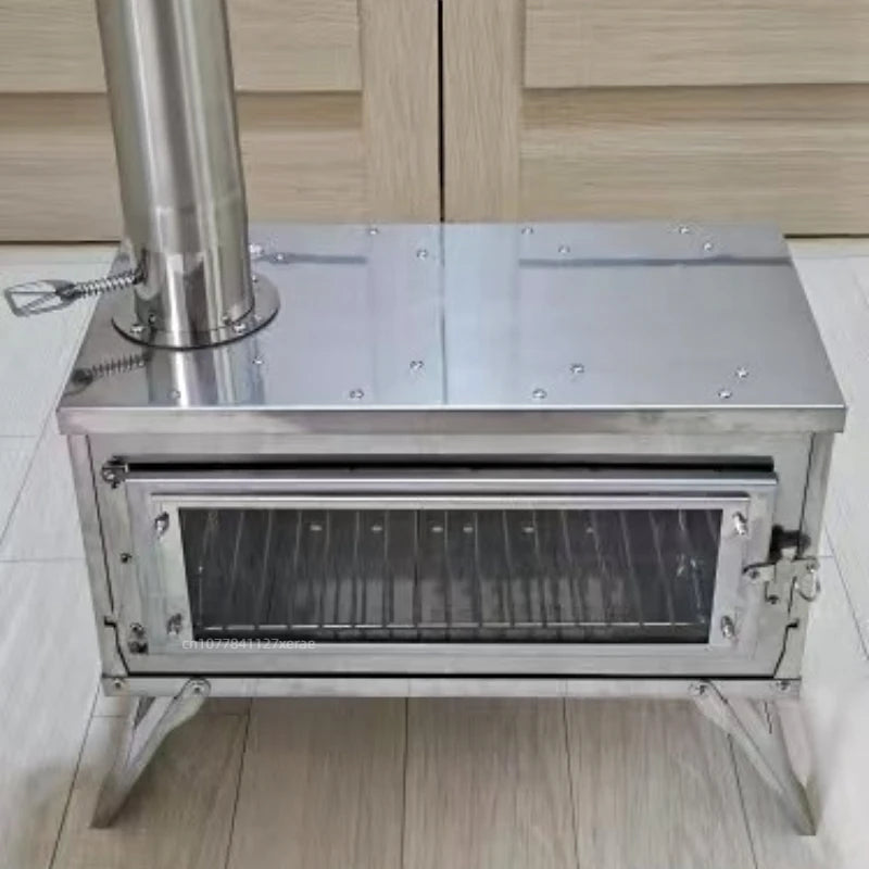Outdoor tent camping, heat-resistant glass observation stove, portable foldable stainless steel winter heating wood stove