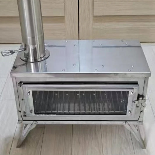 Outdoor tent camping, heat-resistant glass observation stove, portable foldable stainless steel winter heating wood stove