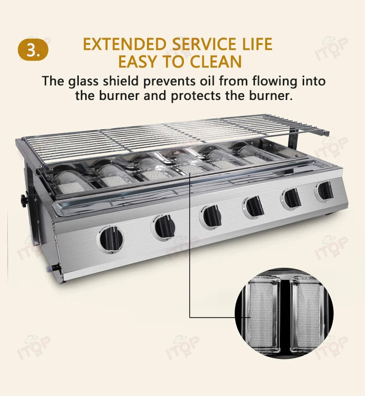 Commercial Stainless Steel Propane Gas BBQ Grill for Outdoor Street Stall Roasting Fish and Oysters
