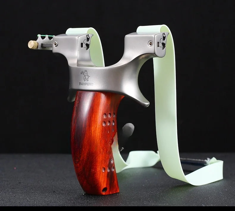 Powerful Stainless Steel Slingshot with Flat Rubber Band Outdoor Hunting and Shooting Combat Catapult with Wooden Handle