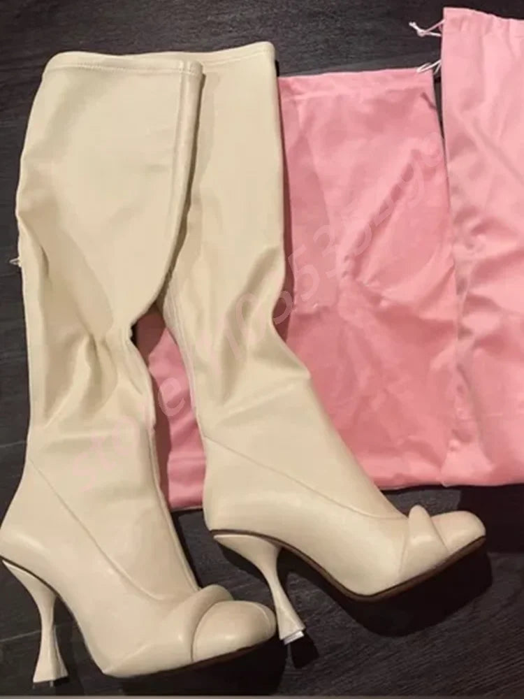 Square Toe Ladies Sexy Knee-High Leather Boots High Heel Pleated Boots Party Zipper Boots 2025 New Street Fashion Catwalk Boots
