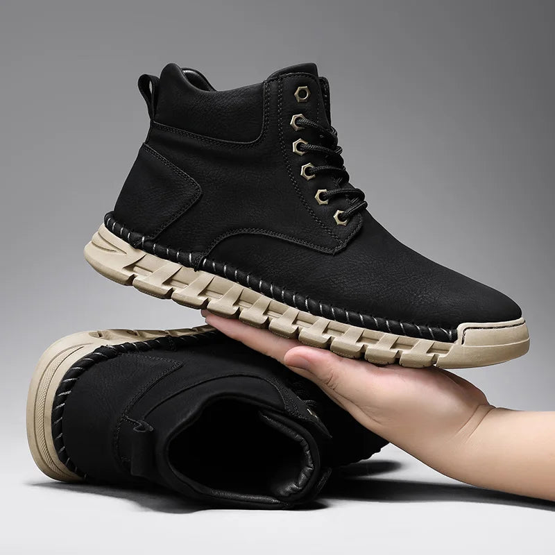 Lace-Up Men's High Top Shoes Classic Winter Men Ankle Boots Version Casual Motorcycle Boots Male Winter Plush Snow Leather Botas