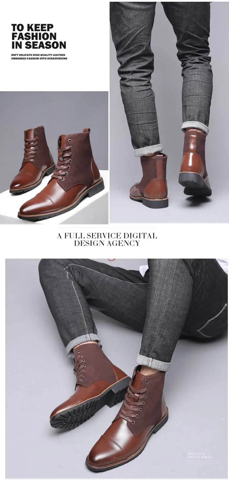 2024 Autumn New Casual Fashion Trend High Top Men's Shoes Leather Boots Large Size 38-48