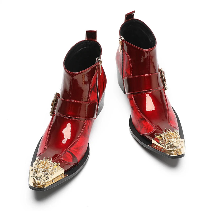 Spring Men's Boots Red Studded Pointed Leather Boots  Model Social Height Increasing  Patent Leather High-heeled Men's Boots