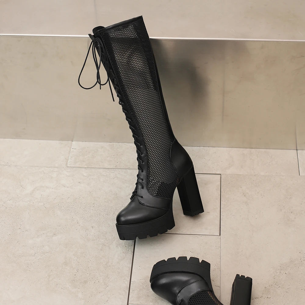 2026 PU Leather Women Knee High Heel Boots Platform Square High Heel Women Summer Boots Fashion Mesh Women's Shoes Pink Yellow