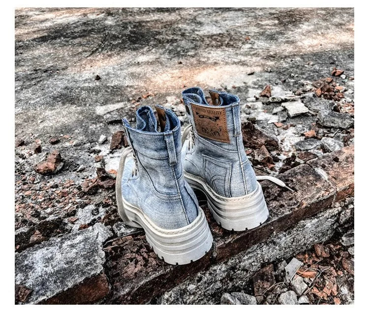 Retro Ankle Boots for Women's Lace Up Thick Sole Shoes Female Round Toe Short Boots Work Dress Western Denim Boots Shoes women