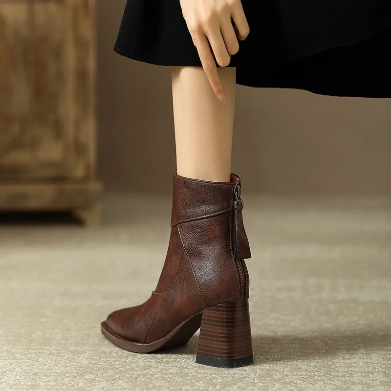 Woman Chunky Ankle Boots Women Zipper Retro Brown Soft Leather Short Boot Autumn New Square Toe Casual High Heel Booties Mujer