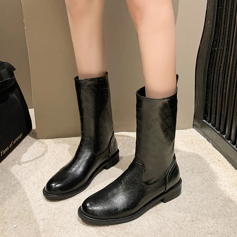 Autumn Winter Women Mid Calf Boots Female Round Toe Slip On Shoes Street Style Motorcycle Botas Mujer