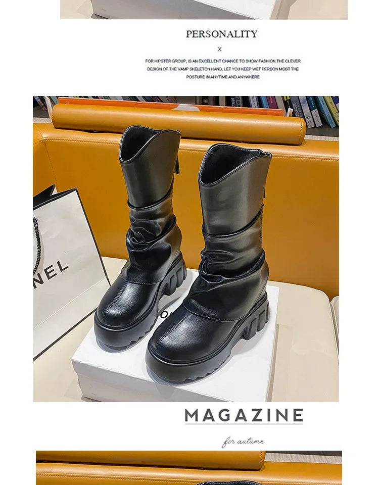 9CM Women Mid Calf Boots Autumn Winte Soft Leather Motorcycle Boots High Platform Square Heels Ladies Chunky Shoes Botas Mujer