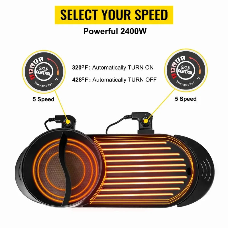 2200W Electric Barbecue Pot 2-in-1 Hot Pot Barbecue Pot Smoke-free Fast and Uniform Heating Independent Dual Temperature Control