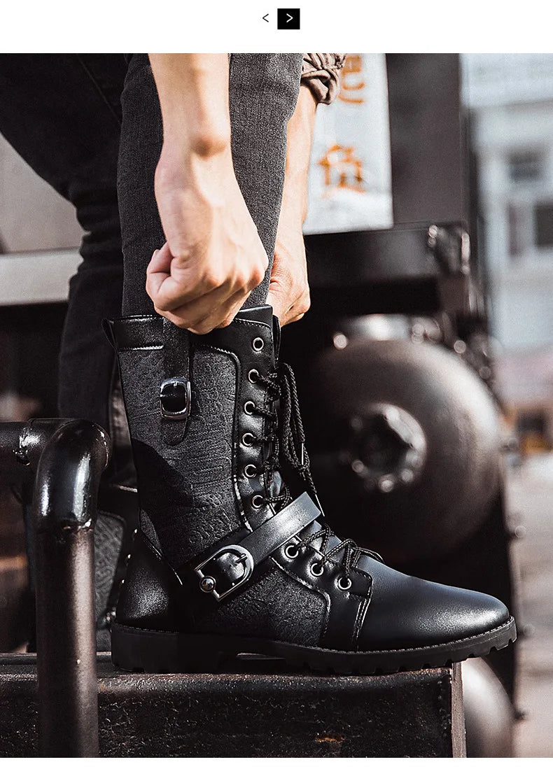 2025 Fashion Man Ankle Boots Lace Up  Platform Leather Shoes Motorcycle Retro Boots Britain Warm Male Platform Mid Calf Boots