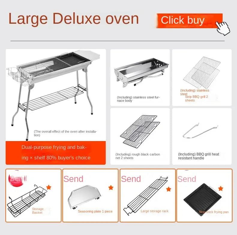 Outdoor Stainless Steel Charcoal Grill Barbecue Tool Portable Free Installation Handle Folding  BBQ Cooking Grid  Park New 2024