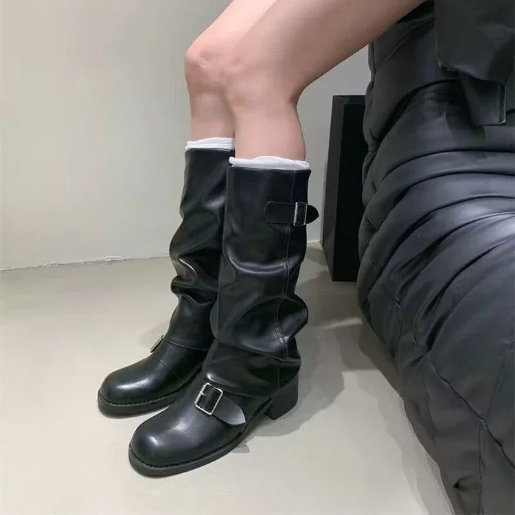 Rock Women Boots Punk Ladies Shoes Women Buckle Knight Boots Motorcycles Boots Woman Slip-On Thick Heel Riding Botas Mujer 2024