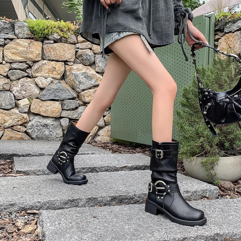 Fashion Buckle Motorcycle Boots Women Round Toe Med Heels Ankle Boots Woman 2024 Pu Leather Square Heel Autumn Platform Shoes