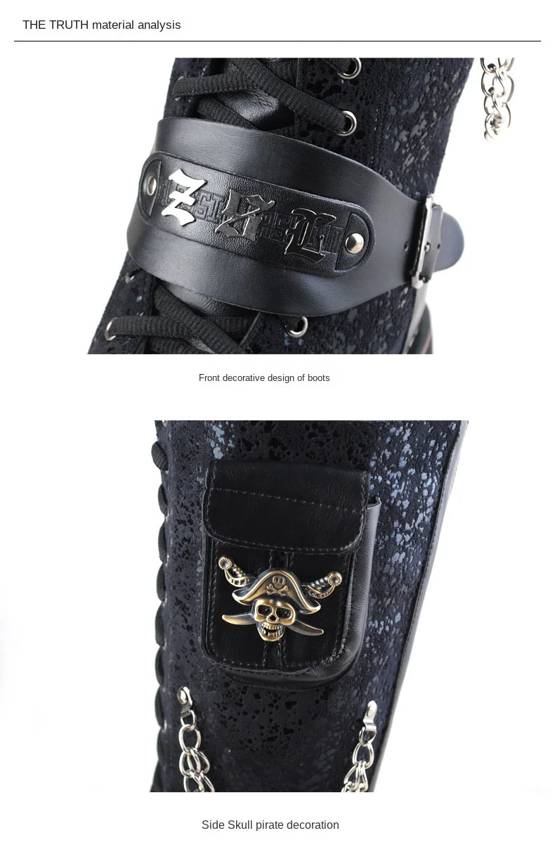 Men Motorcycle Boots  Knee High Boots Low Heels Knight Shoe man Vintage Boots male zapatos,Combat Boots Gothic Skull Punk Boots