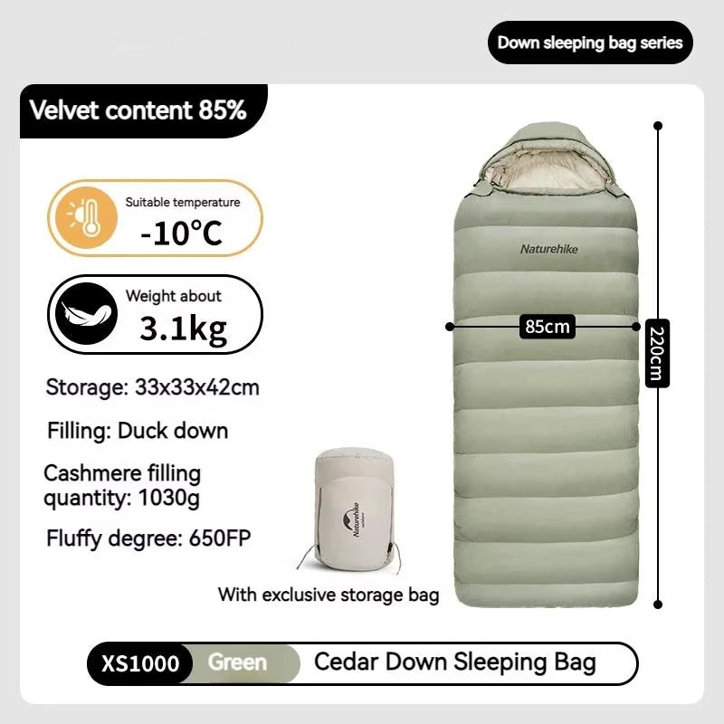 Naturehike Duck Down Sleeping Bag Ultralight Autumn Winter Spring Widened Sleeping Bag Hooded Windproof Waterproof -10℃ Outdoor