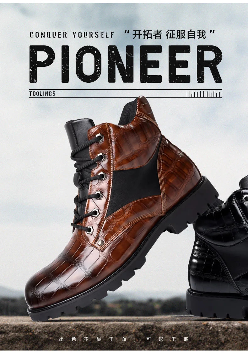 Size 38-48 Classic Design New Men's Ankle Boots Handsome Thick Sole Patent Leather Crocodile Lines Men's Short Motorcycle Boots