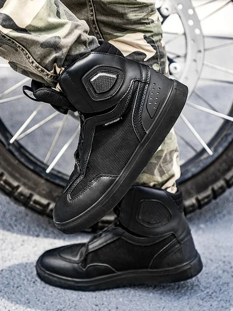Sulaite Motorcycle Boots Men Waterproof Motorcyclist Boots Black Leather Motocross Boots Breathable Moto Biker Shoes