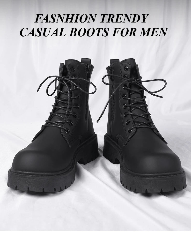 Black Leather Boots for Men High Top Platform Lace Up Light Fashion Motorcycle Boots British Style Men's Waterproof Casual Boots