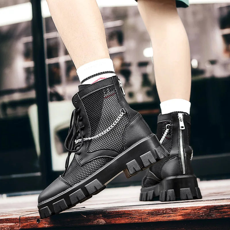 2024 New Summer Men's Boots Thick Bottom Mesh Surface Breathable Hollow Out Chain Short Boot Male Autumn Fashion Casual Shoes