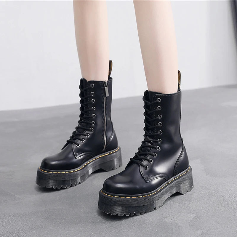 Women Boots Genuine Leather Platform Boots Motorcycle Designer Shoes Woman Zipper Optical Soles Fashion Sexy Punk Long Boots 39