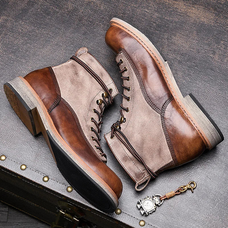 Retro Leather Men Motorcycle Boots High Top Motorbike Riding Boots Fashion Comfortable Ankle Boots Trekking Outdoor Shoes Brown