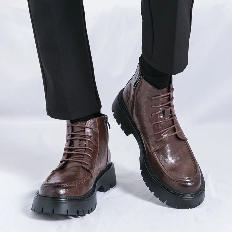 Fashion Men's Genuine Leather Casual Shoes Classic Outdoor Workwear Shoes Men's Motorcycle Boots Handsome Height Increasing