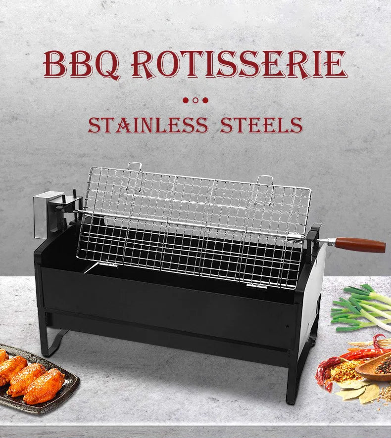 12V Automatic Stainless Steel Motorised Rotisserie Cypriot Rotating Charcoal Grill For Outdoor Camping Barbecue Grill