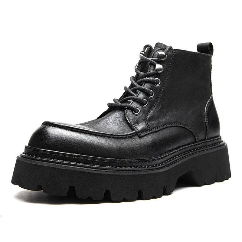 Men's Motorcycle Boots Genuine Leather High Top Motorbike Ankle Boots Thick Soled Vintage Round Toe Casual Punk Dress Shoes