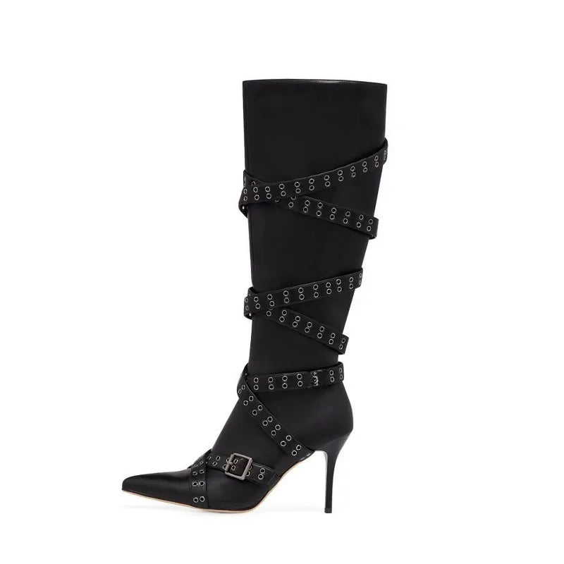 Brand Cross Strap Riveted Retro Silvery Knee High Boots New Spicy Girl Pointed High Heel Motorcycle Boots Fashion Women Shoes