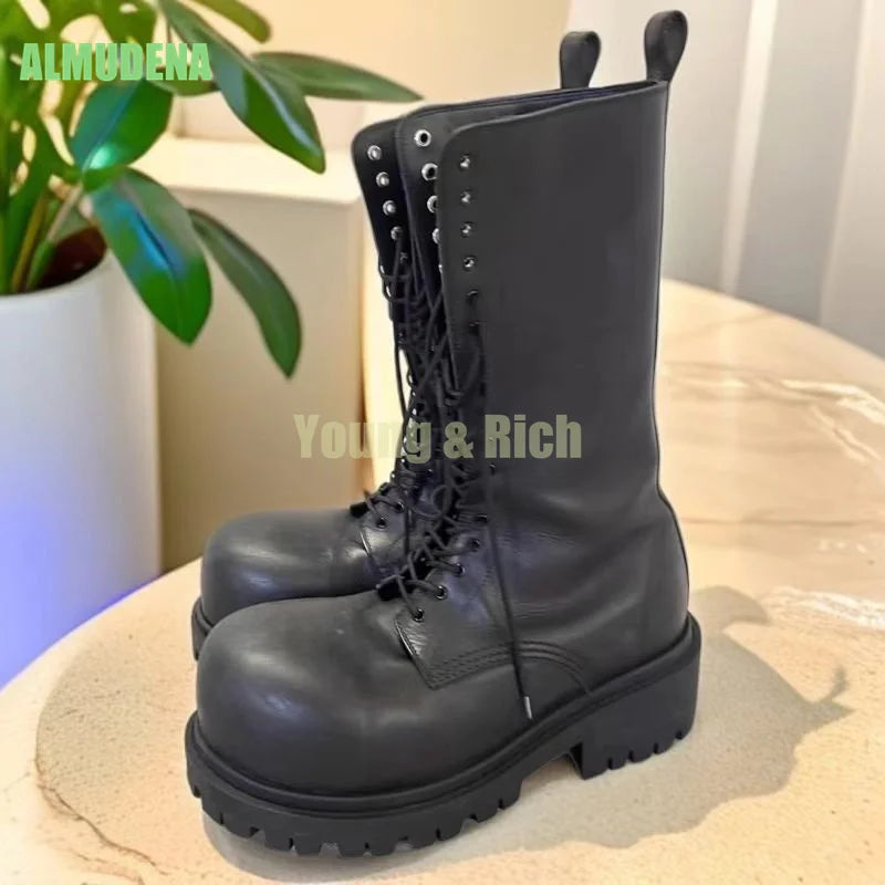 Black Leather Motorcycle Men's Boots Leather Shoes Thick Heel Round Toe Height Increasing Lace Up Work Boots Botas Mujer