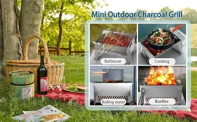 Portable Folding Barbecue Grill Heating Stoves Multifunction Camping BBQ Grill Rack Net Firewood Stove Stainless steel BBQ Grill