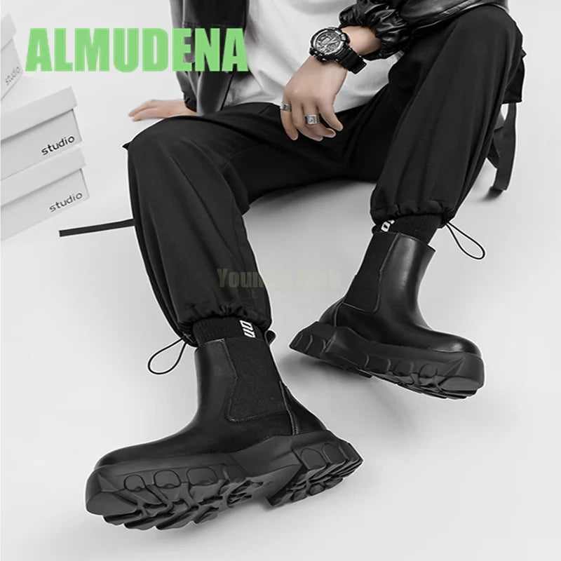 Thick Soled Chelsea Boots Men's Trendy High Top Boots Retro Handsome Motorcycle Boots Versatile Ankle Boots and Short Boots