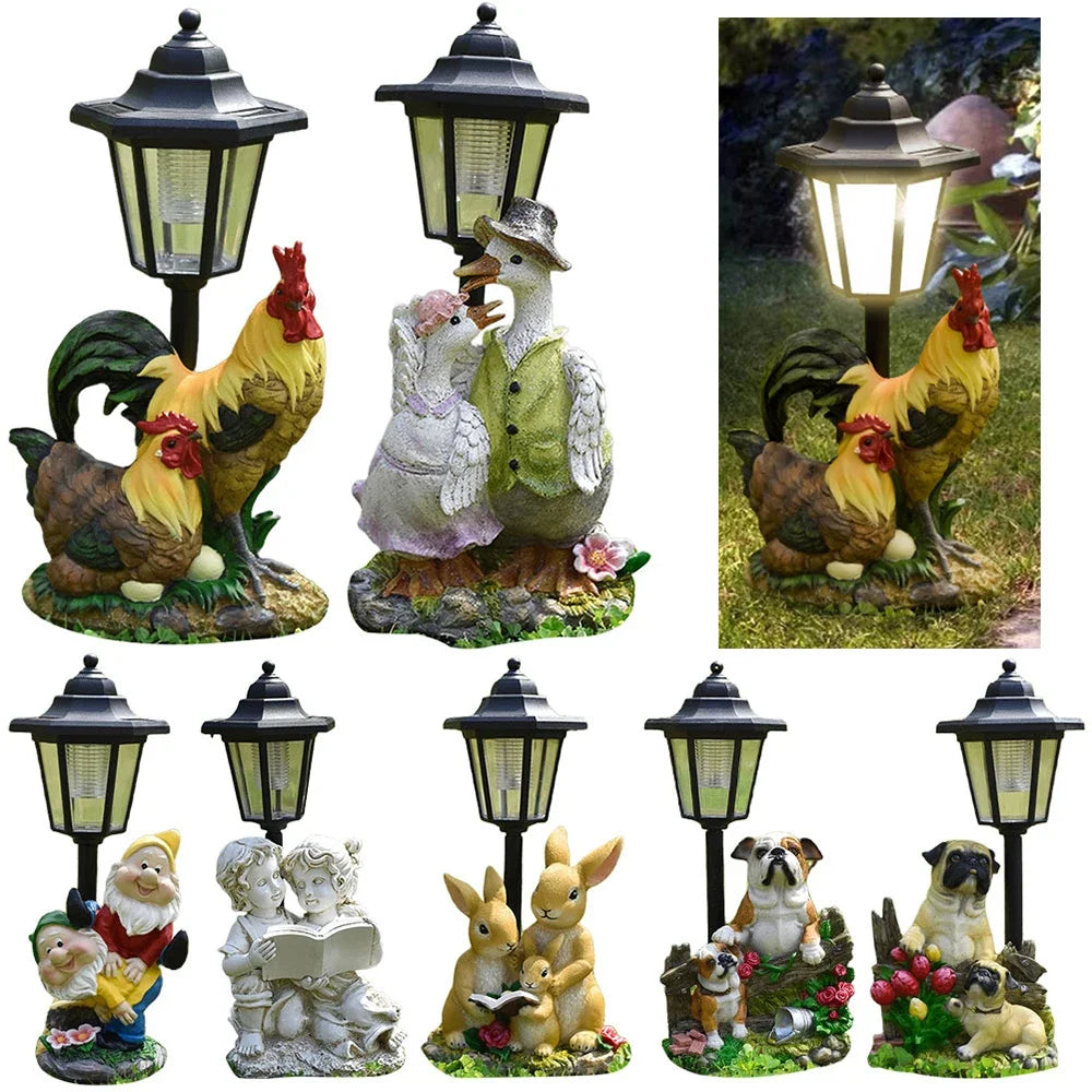 Solar Hexagonal Garden Lamp Resin Cute Figurine Light Animal/ Child/ Gnome Decorative Lamp Lawn Courtyard Garden Decoration