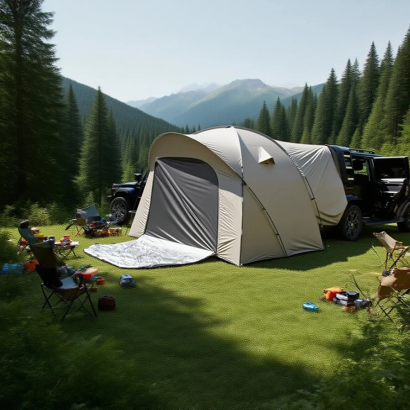 3-4 Person SUV Camping Tent PU4000 Waterproof with Mesh Bug Door, Cross-Ventilated Quick-Pitch Design, Built-In Floor