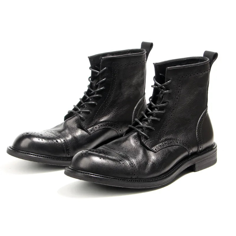 US 6-10 Business Man Mature Office Carving Brogue Shoes Men's Cowhide Top Layer Retro Genuine Leather Suit Boots