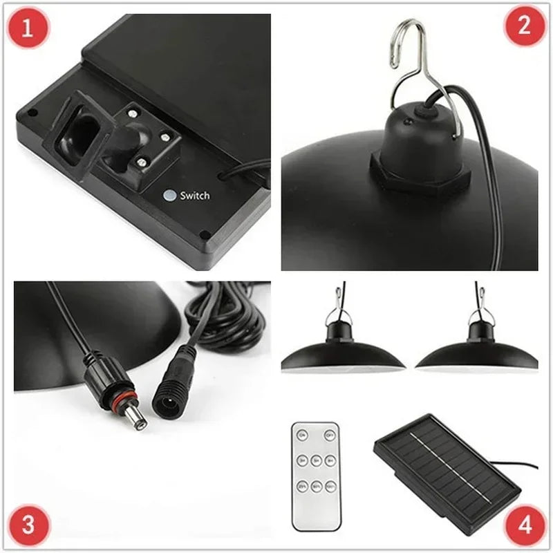 Solar Pendant Light Outdoor Waterproof LED Lamp Double-head Chandelier Decorations with Remote Control for Indoor Shed Barn Room