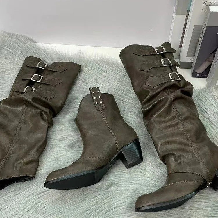 High Quality Wasteland Punk Y2k Gothic Style Vintage Motorcycles Western Boots for Women Black Rivets Knee High Boot Shoes