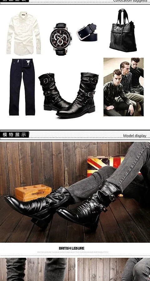 Winter Pointed Toe Men's Mid-calf Boots Buckle Strap Chelsea Boot for Men Leather Mens Motorcycle Boots High Top Man Winter Shoe