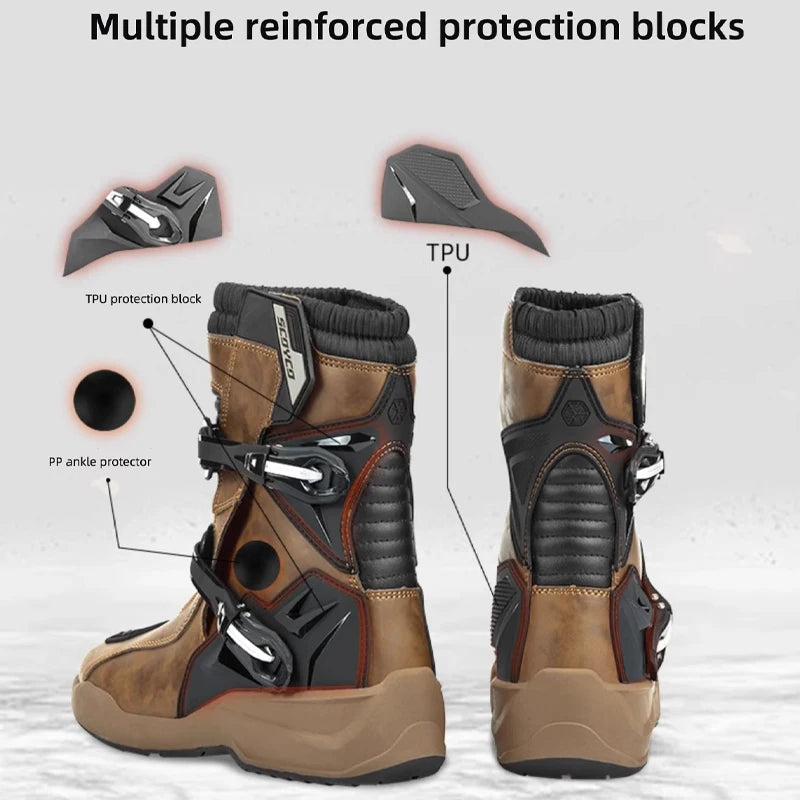 SCOYCO Motorcycle Protective Boots Men Waterproof Enduro Motorcyclist Shoes TPU Leather Anti-slip Motocross Rally High Top Boots