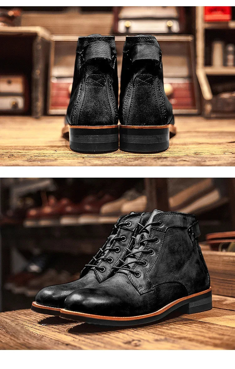 Handmade Leather Men Boots Retro Round Toe Ankle Boots 2025 Autumn Winter Punk Street Style Motorcycle Boots Men Chunky Botines