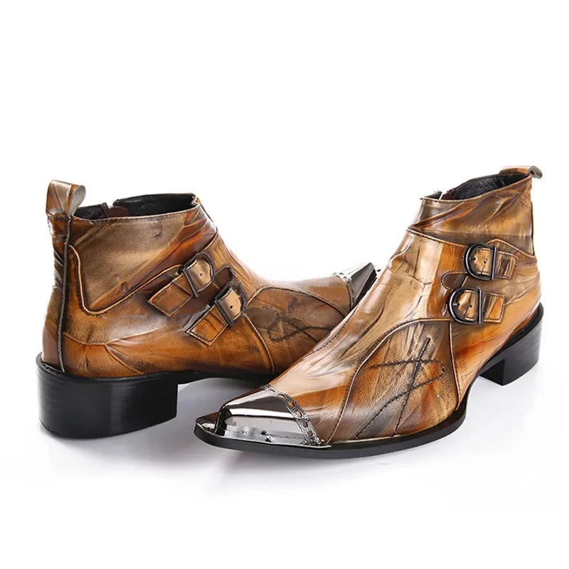 Western men's booties leather shoes pointy brown leather ankle boots men's zipper 6.5cm high heels motorcycle shoes